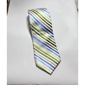 Beverly Hills Polo Club 100% Silk Tie Blue Tan Green Striped Classic Necktie